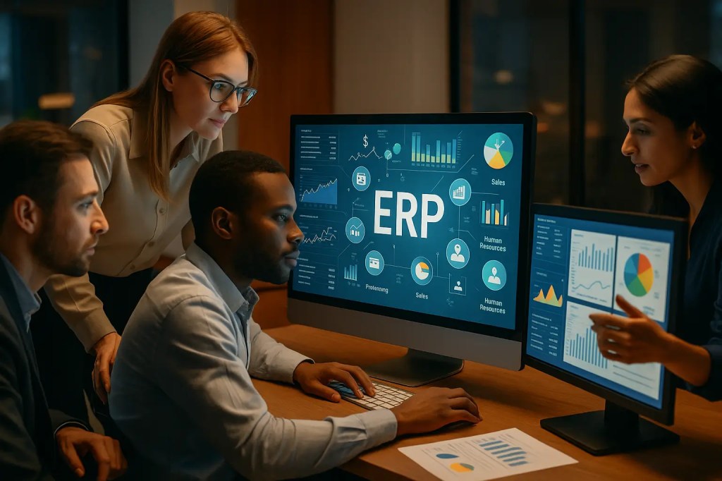 Profissionais em um escritório moderno analisando dados em múltiplas telas digitais, representando a integração de finanças, vendas, cadeia de suprimentos e RH em um sistema ERP unificado.